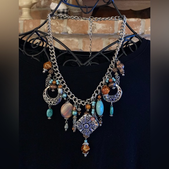 Super Bold Bohemian Silver Tone & Beaded Necklace - Picture 2 of 7